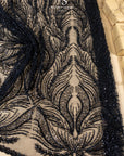 Lumiere - Black - Beaded Lace Fabric by the Yard - Flame-Like Feather Sequin Mesh Lace for Evening Dress, Gothic Gown