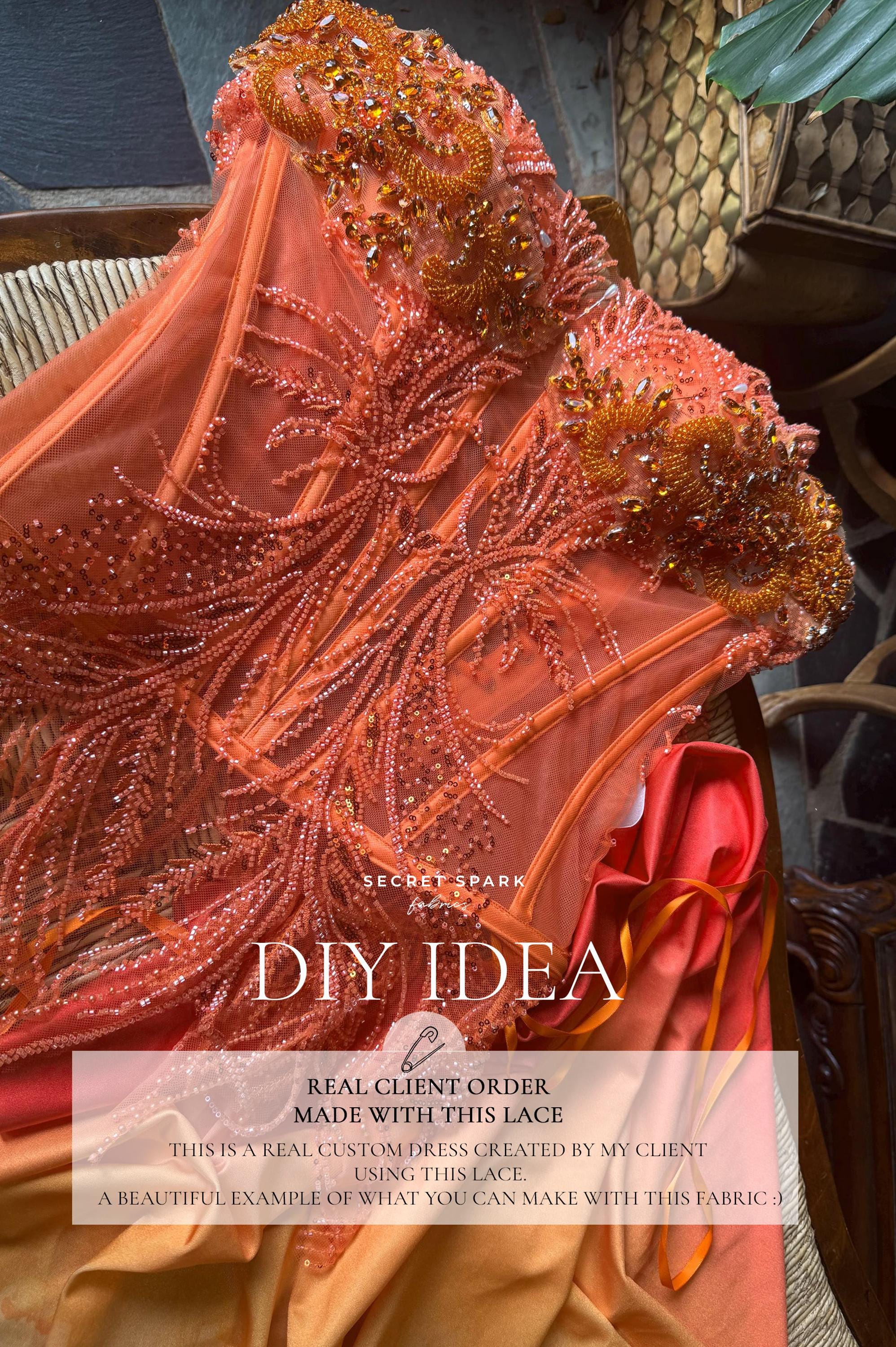 Phoenix - Coral Orange Vibrant Sequin Lace with Beaded Feather Embroidery on Mesh, Luxury Bridal Fabric by the Yard
