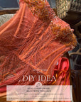 Phoenix - Coral Orange Vibrant Sequin Lace with Beaded Feather Embroidery on Mesh, Luxury Bridal Fabric by the Yard