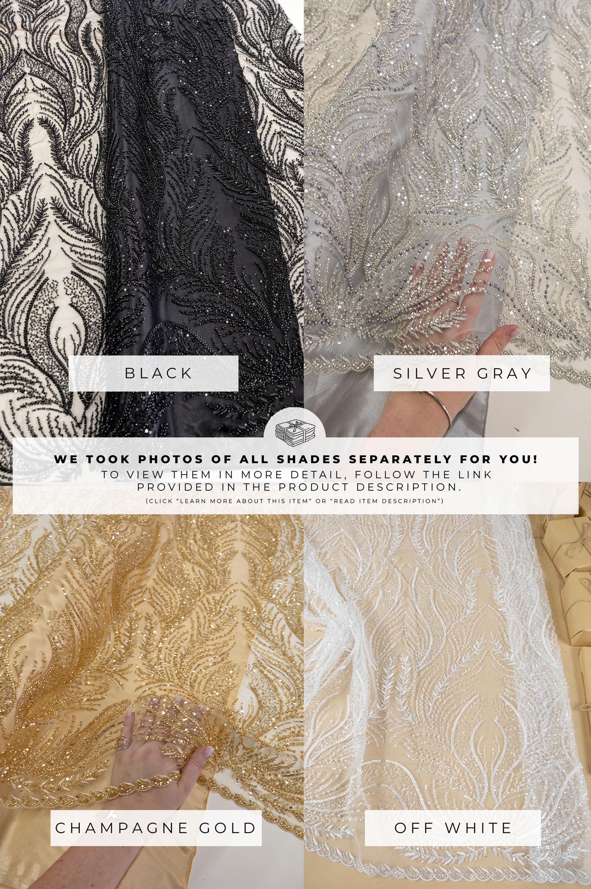 Lumiere - Deep Blue - Beaded Lace Fabric by the Yard - Feather Sequin Mesh Lace for Prom Dress, Evening Gown, Costume