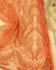 Lumiere - Orange - Beaded Lace Fabric by the Yard - Feather Sequin Mesh Lace for Prom Dress, Pageant Gown, Costume
