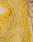 Lumiere - Yellow Sun - Beaded Lace Fabric by the Yard - Embroidered Glowing Flame Feather Sequin Mesh Lace for Prom Dress, Gown