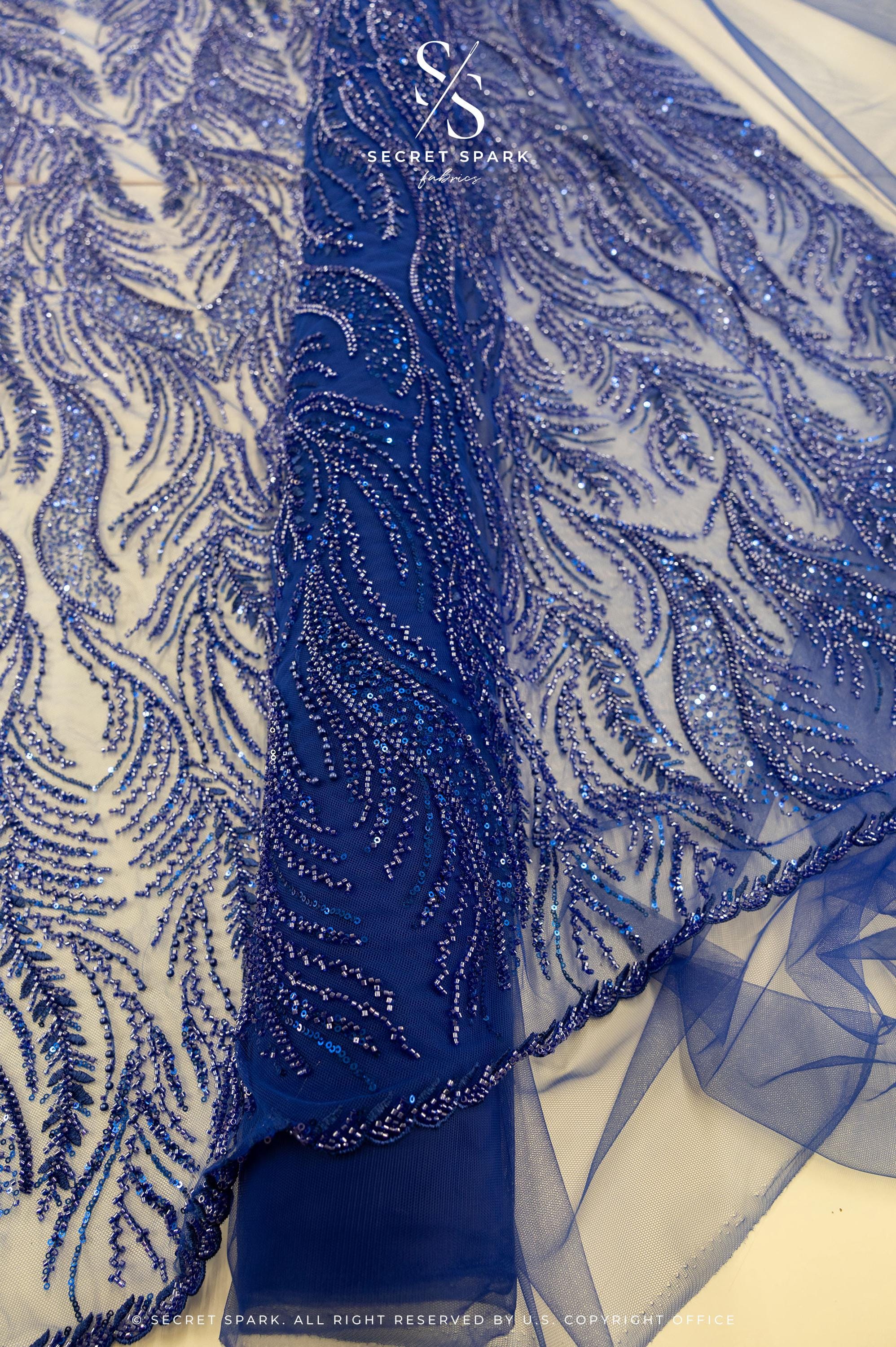 Lumiere - Royal Blue - Beaded Lace Fabric by the Yard - Glowing Flame or Like Feather Embroidered Mesh Lace for Prom Gown, Pageant Dress