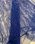 Lumiere - Royal Blue - Beaded Lace Fabric by the Yard - Glowing Flame or Like Feather Embroidered Mesh Lace for Prom Gown, Pageant Dress