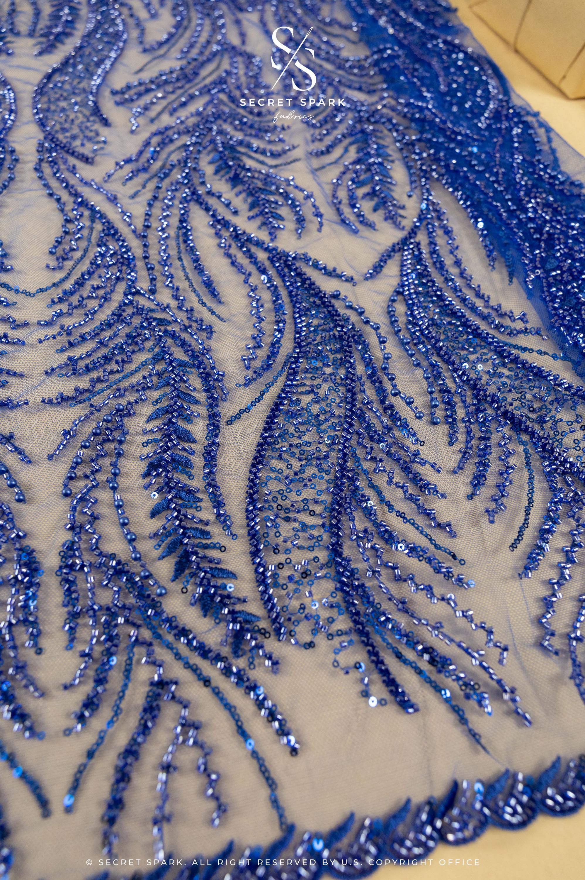 Lumiere - Royal Blue - Beaded Lace Fabric by the Yard - Glowing Flame or Like Feather Embroidered Mesh Lace for Prom Gown, Pageant Dress