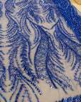 Lumiere - Royal Blue - Beaded Lace Fabric by the Yard - Glowing Flame or Like Feather Embroidered Mesh Lace for Prom Gown, Pageant Dress
