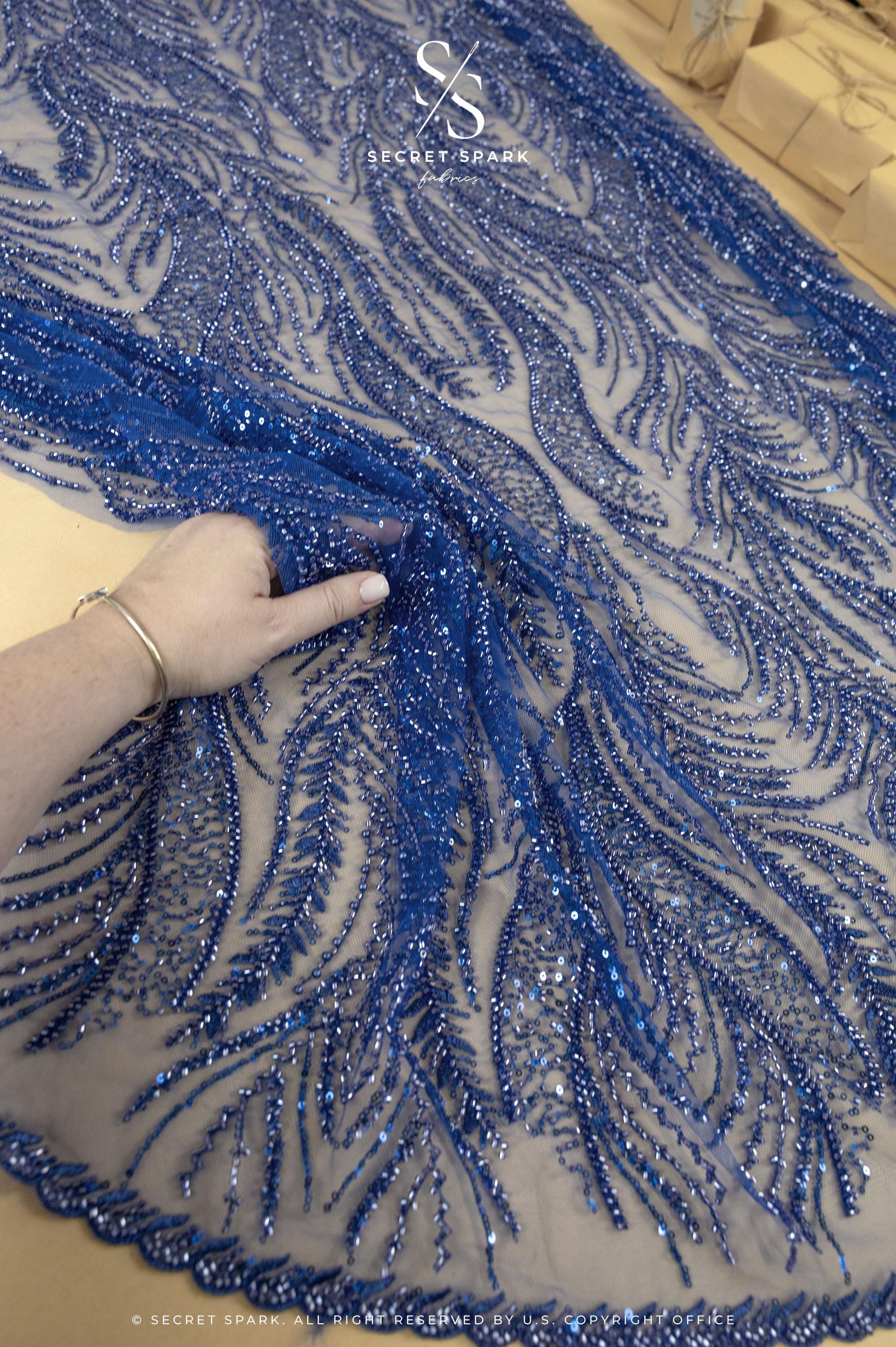 Lumiere - Royal Blue - Beaded Lace Fabric by the Yard - Glowing Flame or Like Feather Embroidered Mesh Lace for Prom Gown, Pageant Dress