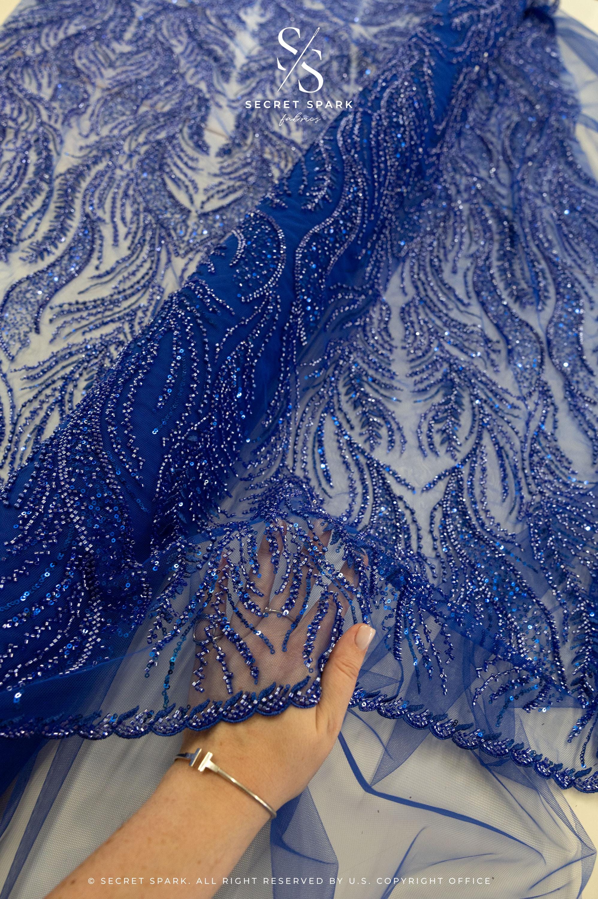 Lumiere - Royal Blue - Beaded Lace Fabric by the Yard - Glowing Flame or Like Feather Embroidered Mesh Lace for Prom Gown, Pageant Dress