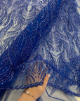 Lumiere - Royal Blue - Beaded Lace Fabric by the Yard - Glowing Flame or Like Feather Embroidered Mesh Lace for Prom Gown, Pageant Dress