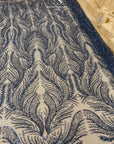 Lumiere - Deep Blue - Beaded Lace Fabric by the Yard - Feather Sequin Mesh Lace for Prom Dress, Evening Gown, Costume