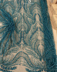 Lumiere - Deep Teal - Beaded Lace Fabric by the Yard - Flowing Feather Embroidered Sequin Mesh Lace for Prom Dress, Evening Gown