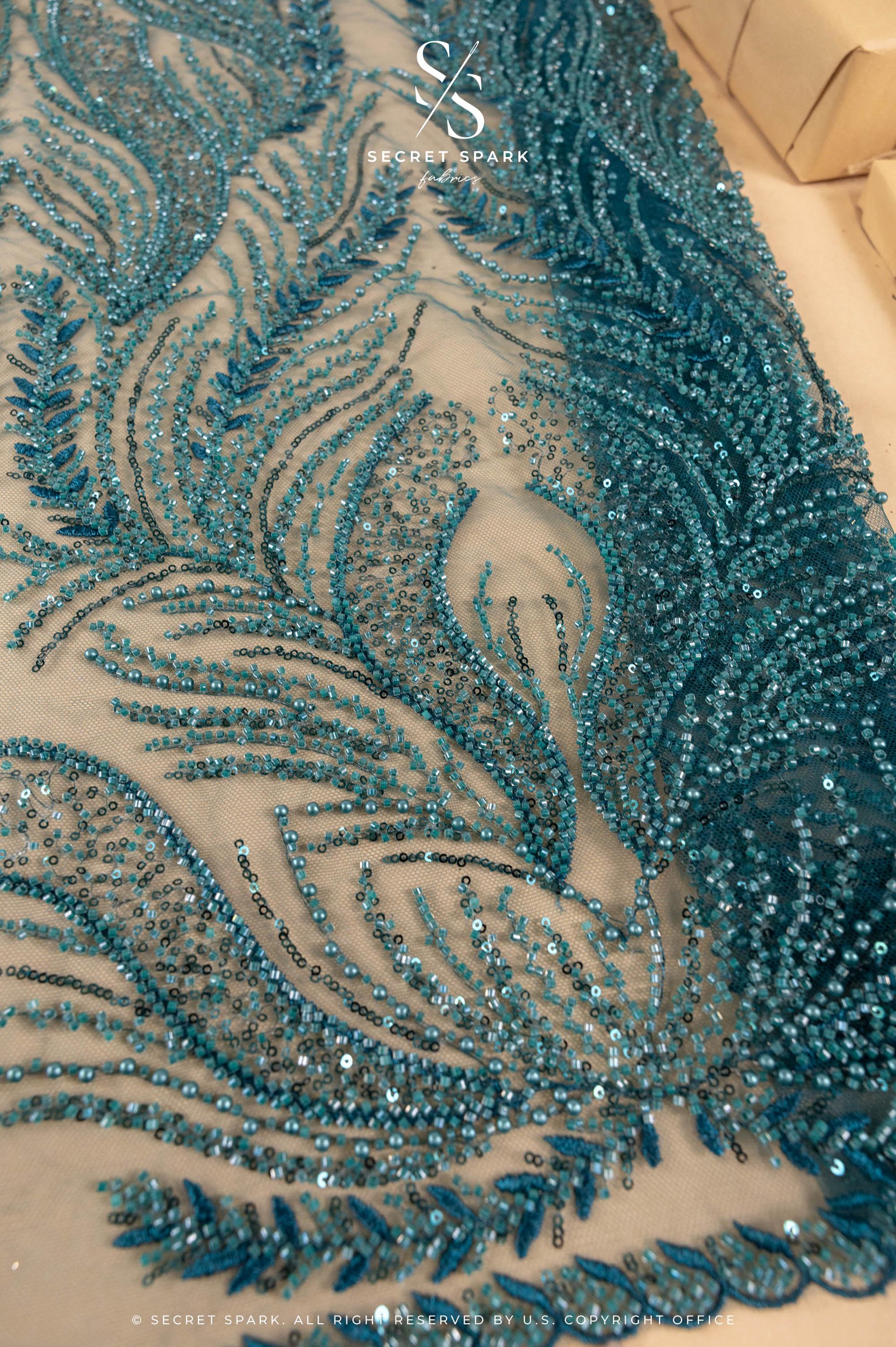 Lumiere - Deep Teal - Beaded Lace Fabric by the Yard