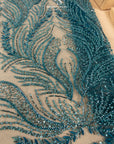Lumiere - Deep Teal - Beaded Lace Fabric by the Yard - Flowing Feather Embroidered Sequin Mesh Lace for Prom Dress, Evening Gown
