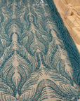 Lumiere - Deep Teal - Beaded Lace Fabric by the Yard - Flowing Feather Embroidered Sequin Mesh Lace for Prom Dress, Evening Gown