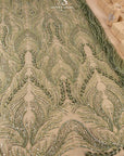Lumiere - Dark Olive - Beaded Lace Fabric by the Yard - Feather or Flame-Like Sequin Embroidered Mesh Lace for Evening Dress, Gown, Costume