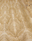 Lumiere - Champagne Gold - Beaded Lace Fabric by the Yard - Ornate Feather Flame Embroidered Sequin Mesh Lace for Bridal Dress, Gown